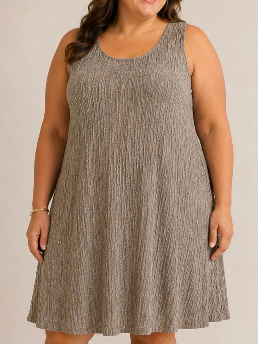 R&M Richards Women’s 14W Textured Sleeveless Swing Dress Taupe Beige NWT